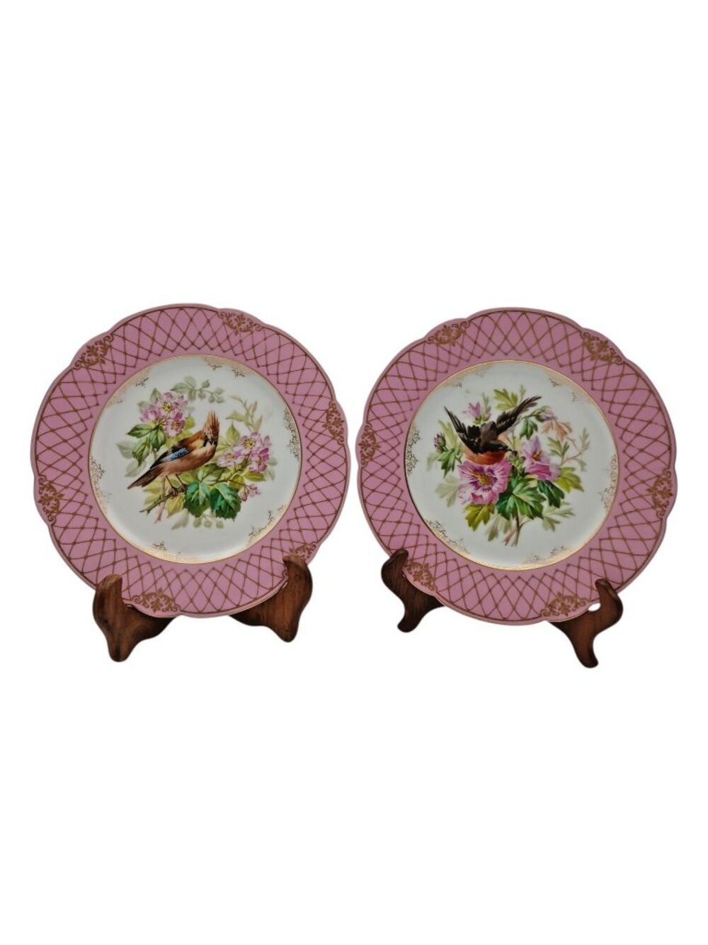 Sevres Cabinet Plates Pair G Boutigny Paris Pink Gold Bird Porcelain HandPainted